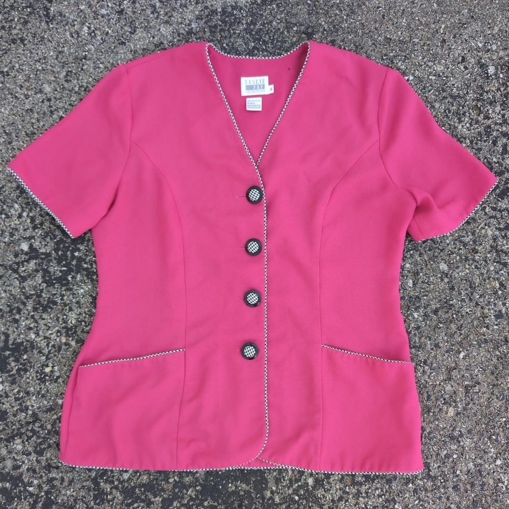 🔥4/$40  size 16 Houndstooth Hot Pink Blazer Short Sleeve Button Up Blouse